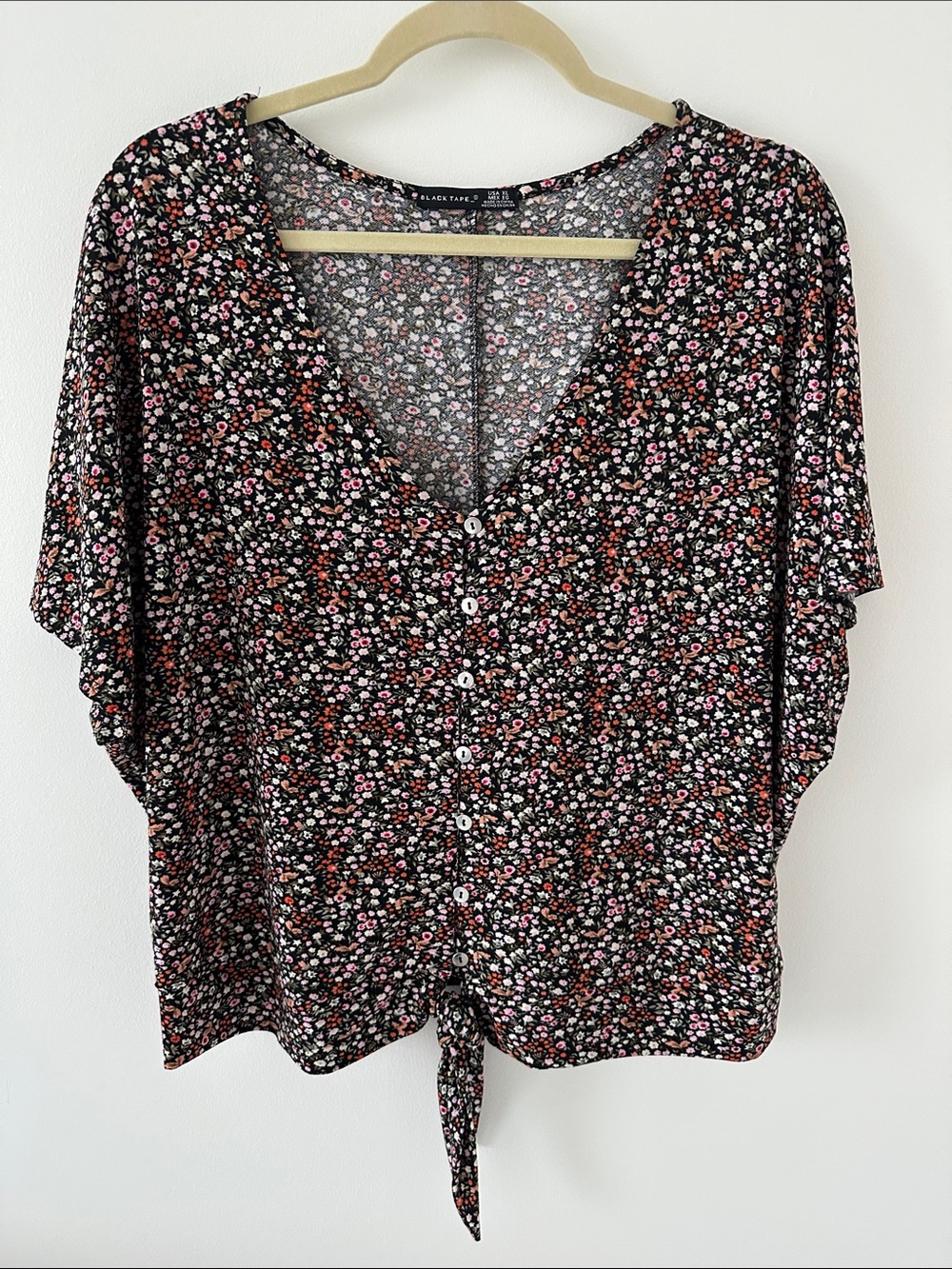 Black Tape_ Black Floral Button Front Tie Hem Blouse